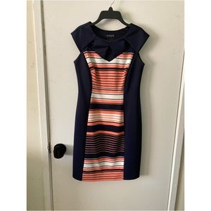 Navy blue dress with coral and off white strips, size 4.